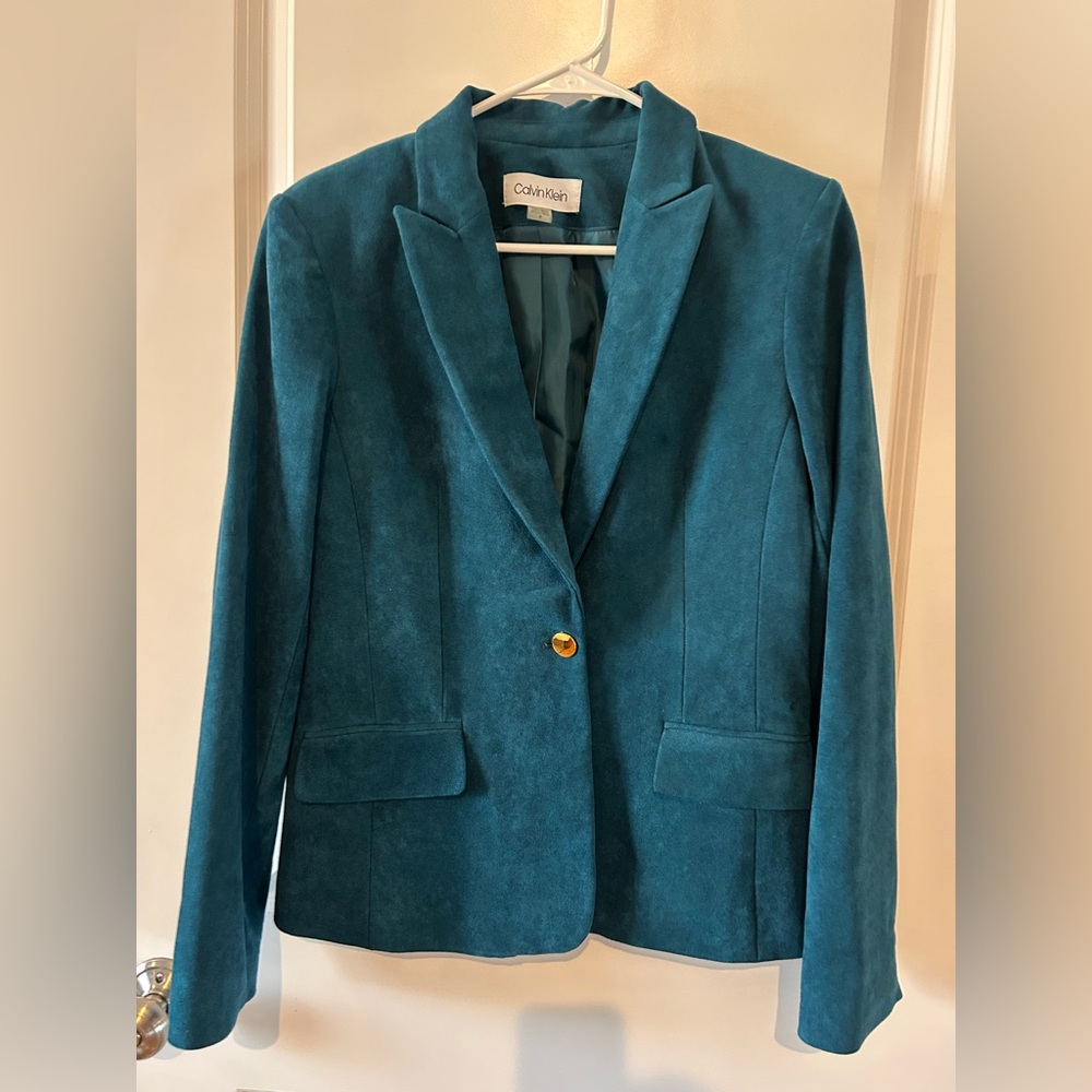 Calvin Klein Teal Velvet Blazer | Gold Button | Luxe Tailored Jacket | Size 8